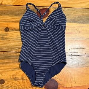 Athleta Navy White Stripe One-Piece Swimsuit, Women’s Medium Tall